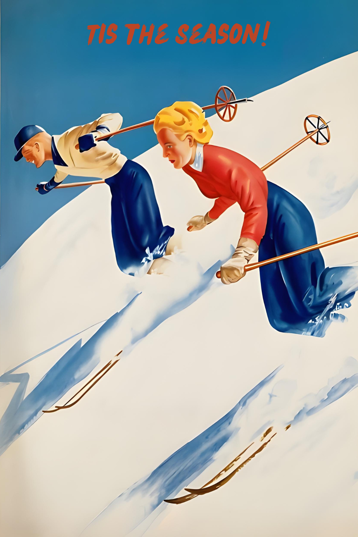 Vintage Skiers Tis the Season Postcard